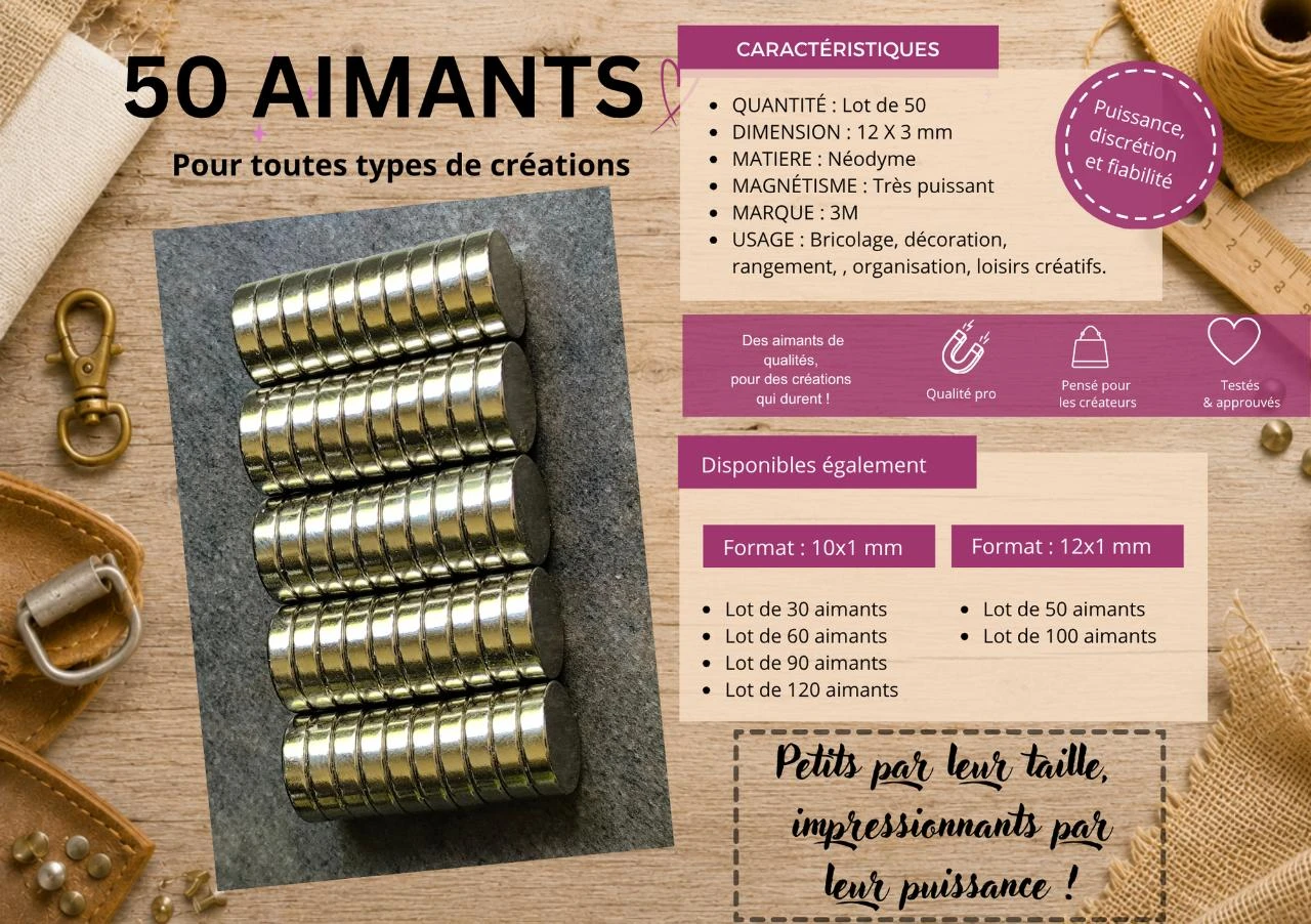 Lot de 50 aimants très puissants en néodyme 12mm